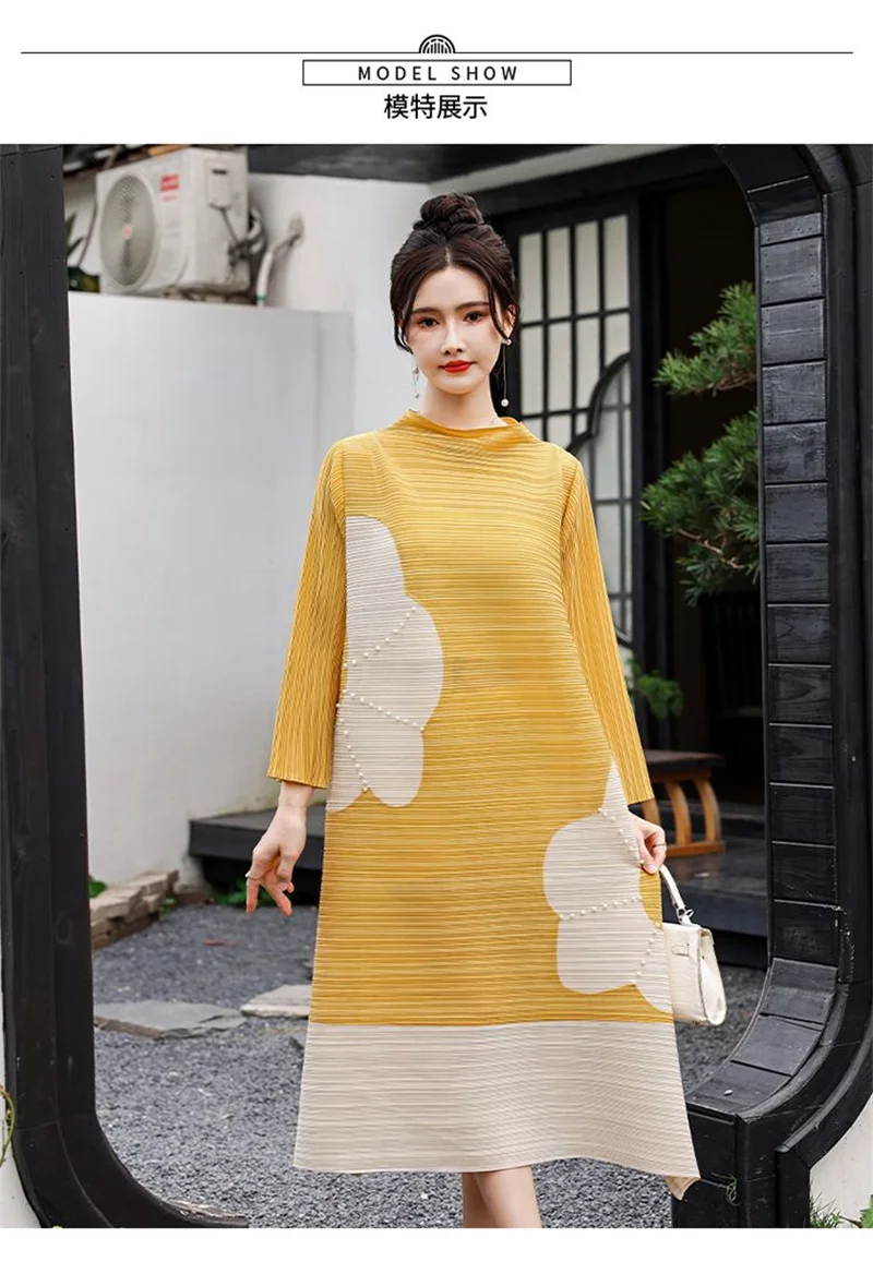 Long Dresses Womens Dresses Stand-up Collar Color Matching Flower Rhinestone Sleeve A-shaped Hem Pleated Dress Loose Long Skirt