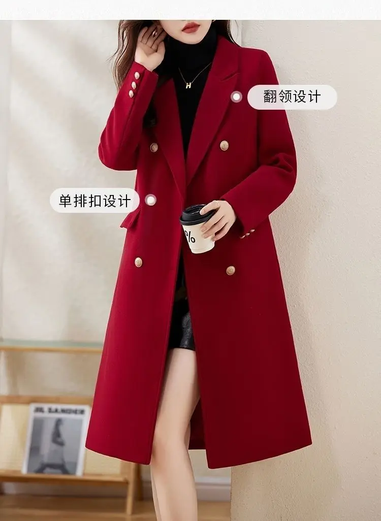 Red Woolen Coat 2026 Autumn Winter New Fashion Temperament with cotton Thicken Wool Coats Female Slim Casual Warm Long Overcoat