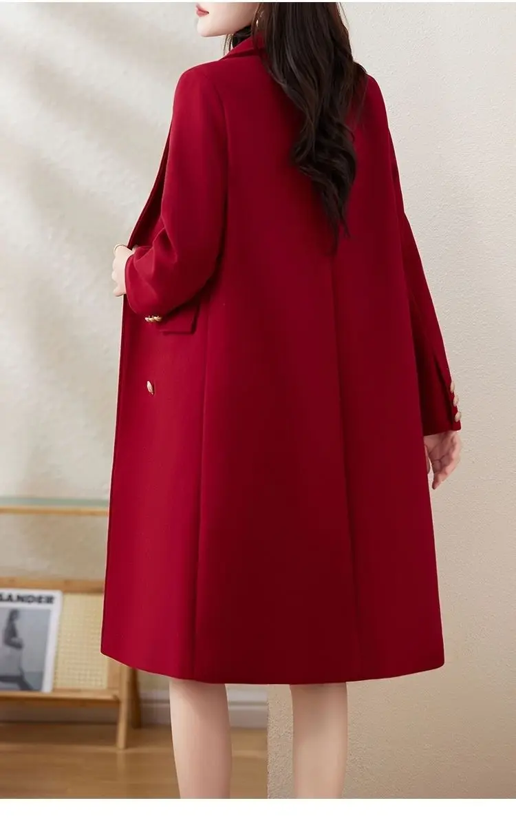 Red Woolen Coat 2026 Autumn Winter New Fashion Temperament with cotton Thicken Wool Coats Female Slim Casual Warm Long Overcoat