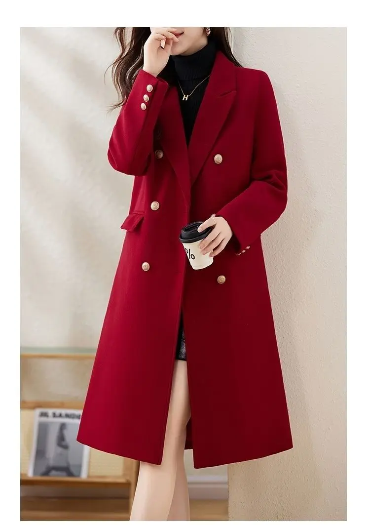 Red Woolen Coat 2026 Autumn Winter New Fashion Temperament with cotton Thicken Wool Coats Female Slim Casual Warm Long Overcoat
