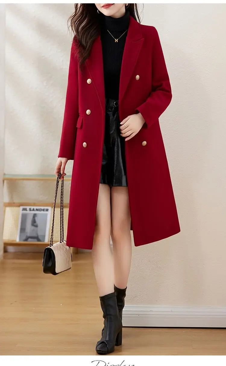 Red Woolen Coat 2026 Autumn Winter New Fashion Temperament with cotton Thicken Wool Coats Female Slim Casual Warm Long Overcoat