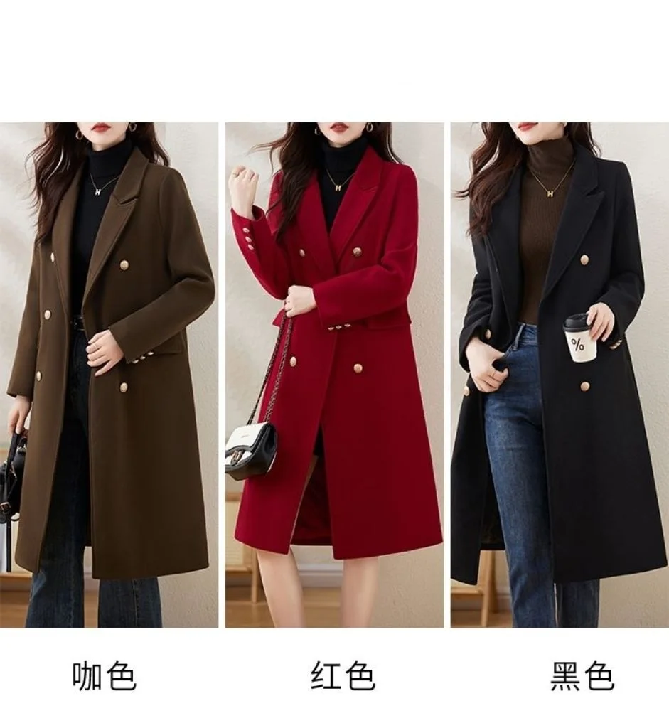Red Woolen Coat 2026 Autumn Winter New Fashion Temperament with cotton Thicken Wool Coats Female Slim Casual Warm Long Overcoat