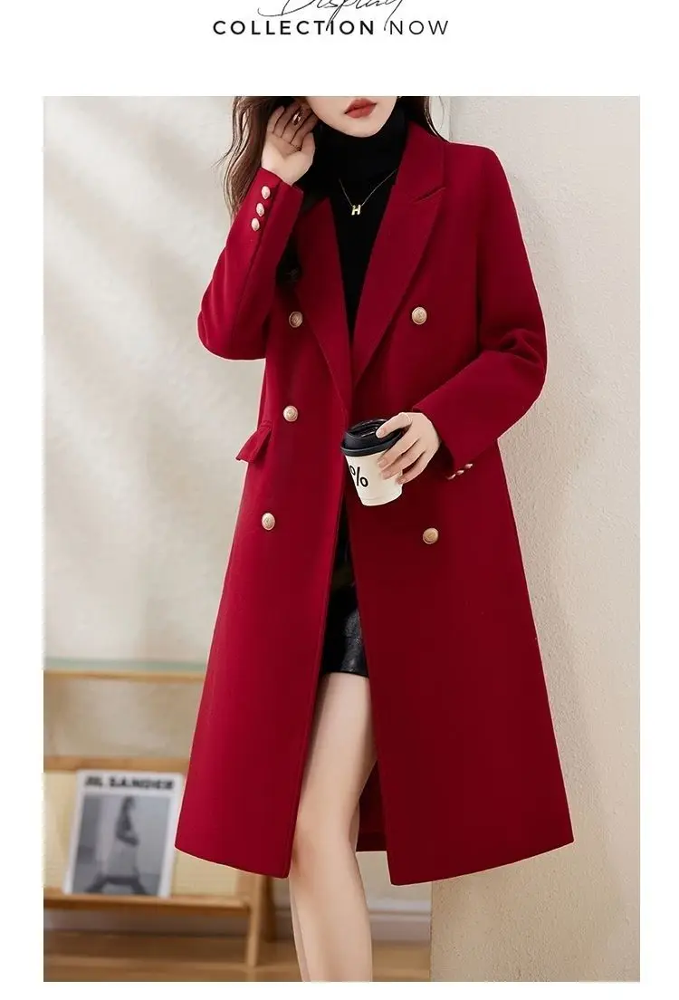 Red Woolen Coat 2026 Autumn Winter New Fashion Temperament with cotton Thicken Wool Coats Female Slim Casual Warm Long Overcoat