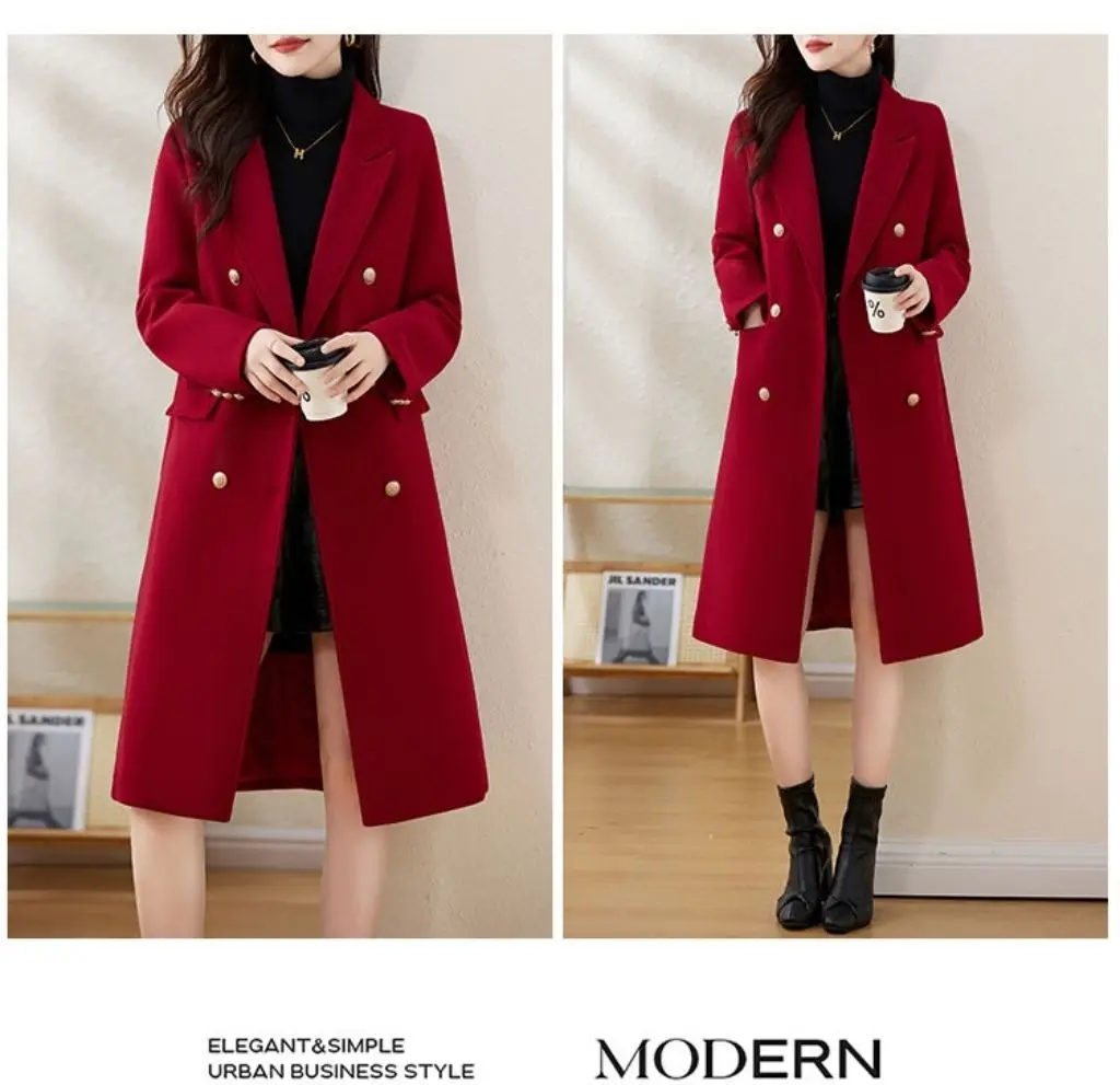 Red Woolen Coat 2026 Autumn Winter New Fashion Temperament with cotton Thicken Wool Coats Female Slim Casual Warm Long Overcoat