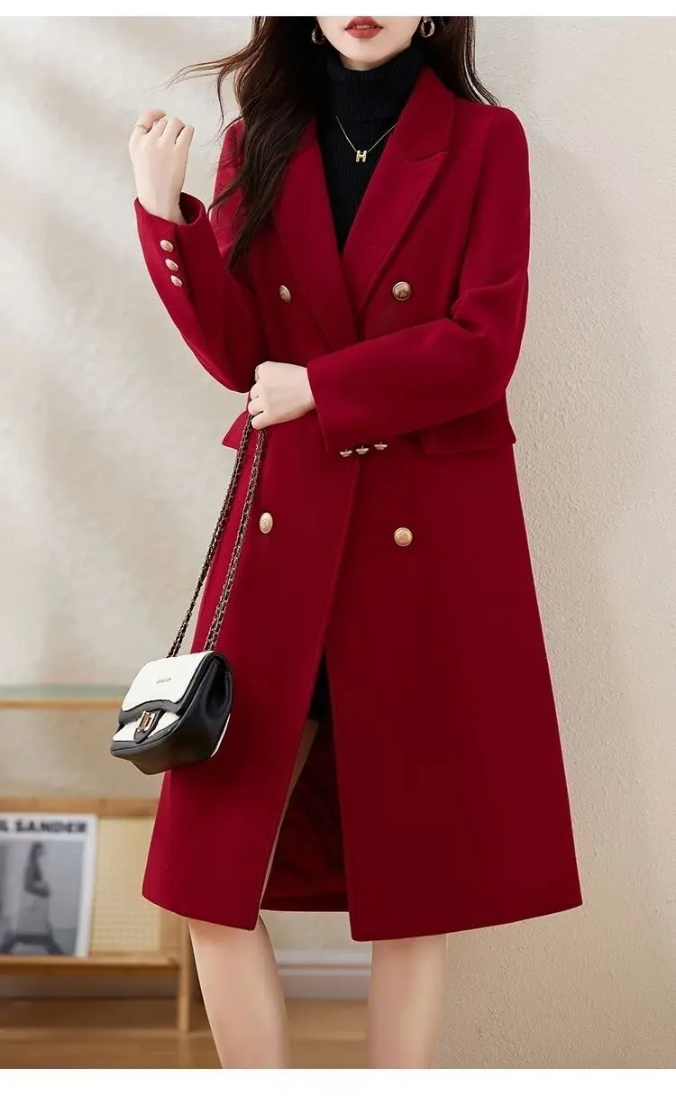Red Woolen Coat 2026 Autumn Winter New Fashion Temperament with cotton Thicken Wool Coats Female Slim Casual Warm Long Overcoat