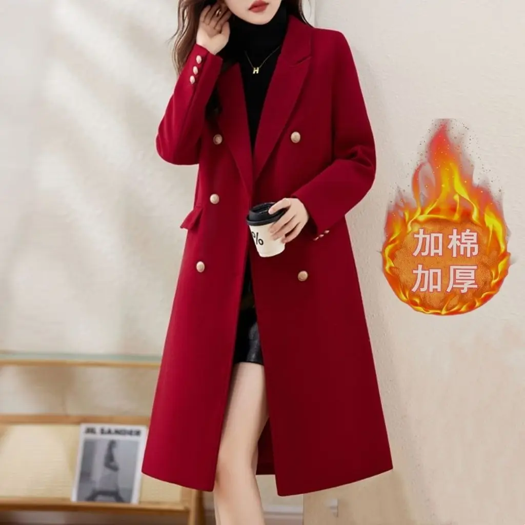 Red Woolen Coat 2026 Autumn Winter New Fashion Temperament with cotton Thicken Wool Coats Female Slim Casual Warm Long Overcoat