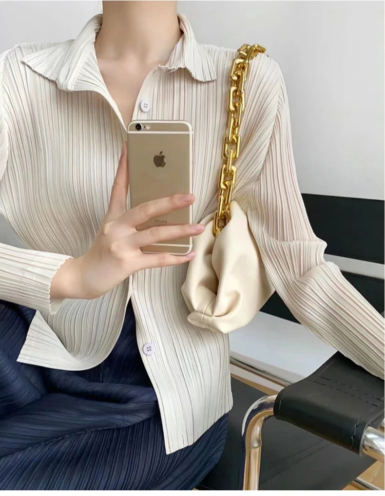 Women's Shirt Miyake Pleated Lapel Long Sleeve Shirt Casual Versatile Loose Plus Size Shirt Pleated Cardigan Tops 2024 Fall New