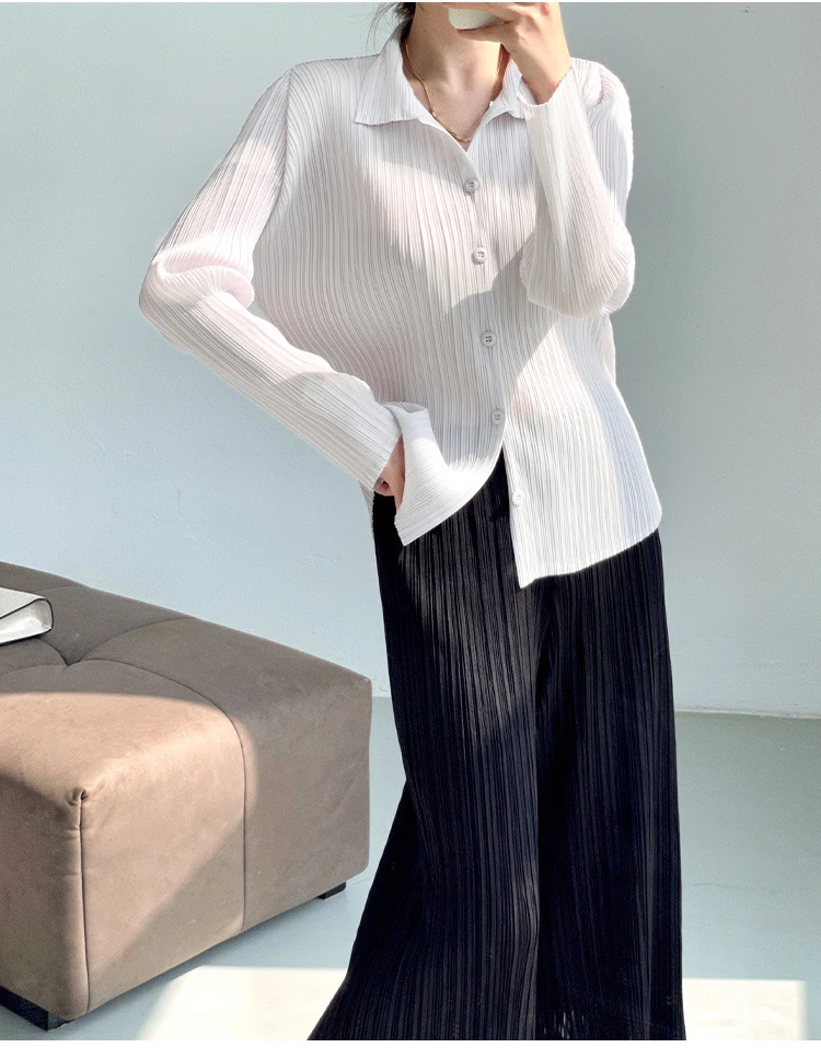Women's Shirt Miyake Pleated Lapel Long Sleeve Shirt Casual Versatile Loose Plus Size Shirt Pleated Cardigan Tops 2024 Fall New