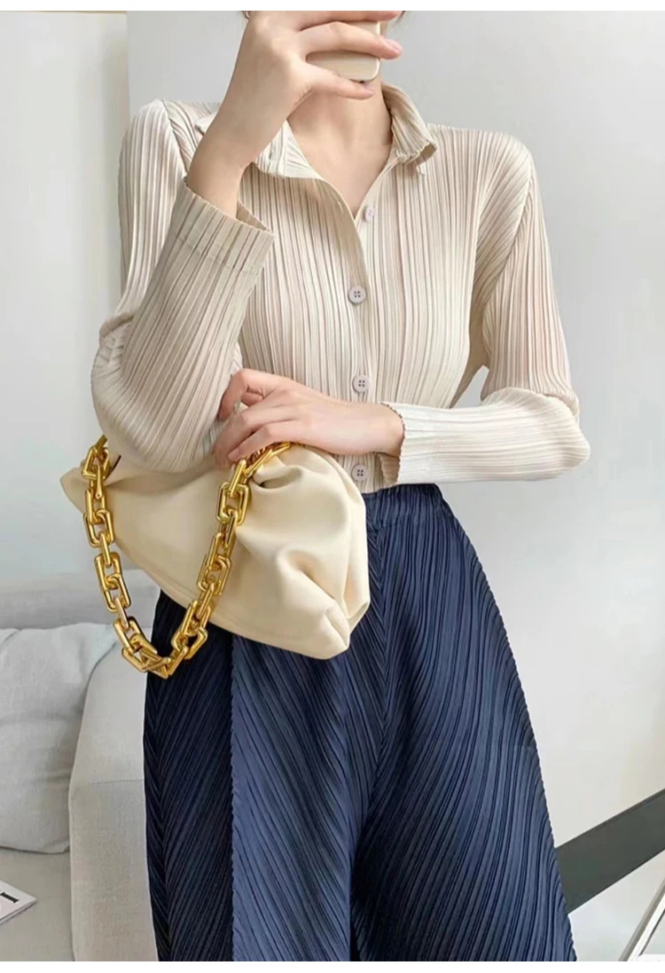 Women's Shirt Miyake Pleated Lapel Long Sleeve Shirt Casual Versatile Loose Plus Size Shirt Pleated Cardigan Tops 2024 Fall New
