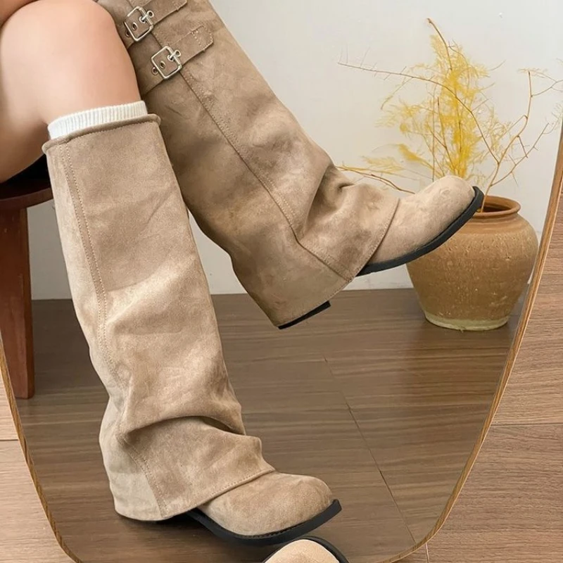 French Chic Women Foldover Knee High Boots Slouchy Wedge Slip On Shoes Black Khaki Round Toe Buckle Strap Moto Boots