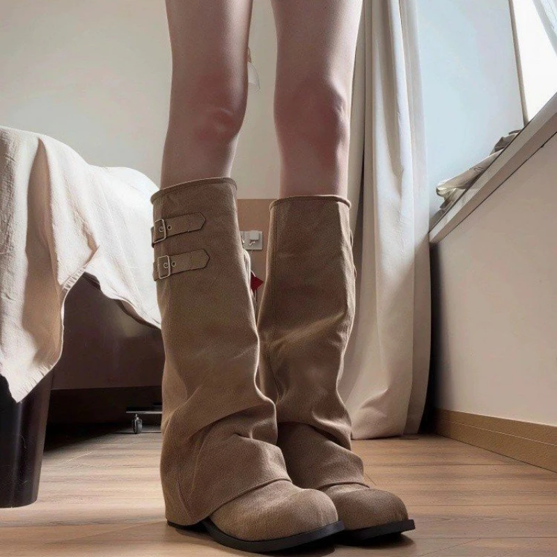 French Chic Women Foldover Knee High Boots Slouchy Wedge Slip On Shoes Black Khaki Round Toe Buckle Strap Moto Boots