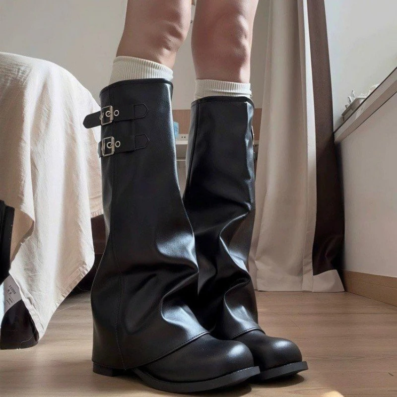 French Chic Women Foldover Knee High Boots Slouchy Wedge Slip On Shoes Black Khaki Round Toe Buckle Strap Moto Boots