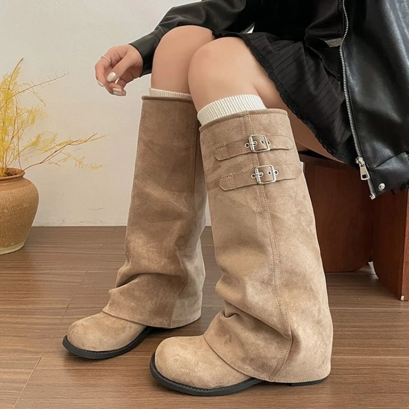 French Chic Women Foldover Knee High Boots Slouchy Wedge Slip On Shoes Black Khaki Round Toe Buckle Strap Moto Boots
