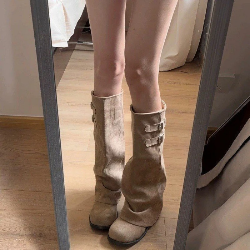 French Chic Women Foldover Knee High Boots Slouchy Wedge Slip On Shoes Black Khaki Round Toe Buckle Strap Moto Boots