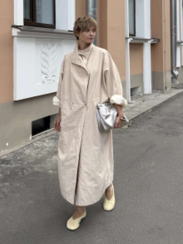 Women Autumn Long Trench Coat Chic Stand Collar Button Batwing Sleeve Oversize Jacket Fashion High Street Windproof Loose Outfit