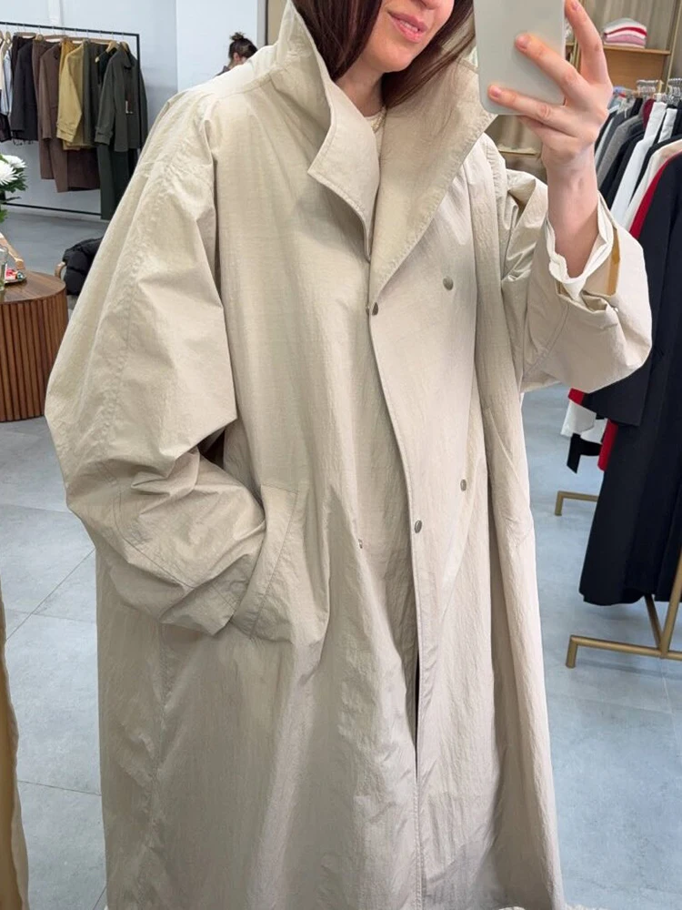 Women Autumn Long Trench Coat Chic Stand Collar Button Batwing Sleeve Oversize Jacket Fashion High Street Windproof Loose Outfit