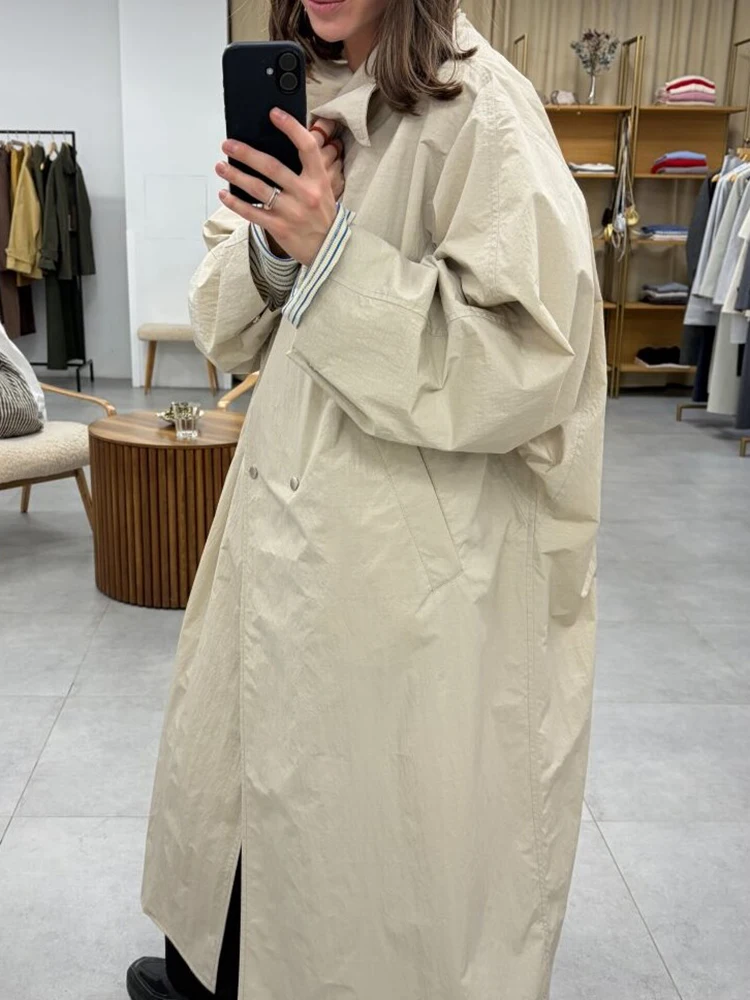 Women Autumn Long Trench Coat Chic Stand Collar Button Batwing Sleeve Oversize Jacket Fashion High Street Windproof Loose Outfit