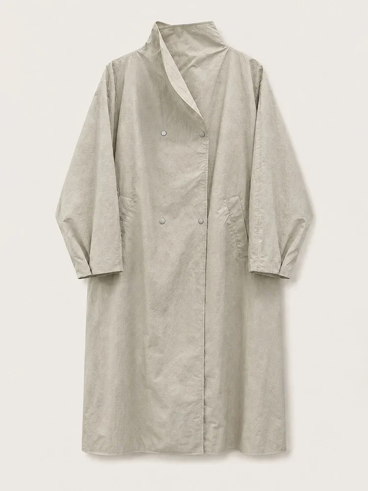 Women Autumn Long Trench Coat Chic Stand Collar Button Batwing Sleeve Oversize Jacket Fashion High Street Windproof Loose Outfit