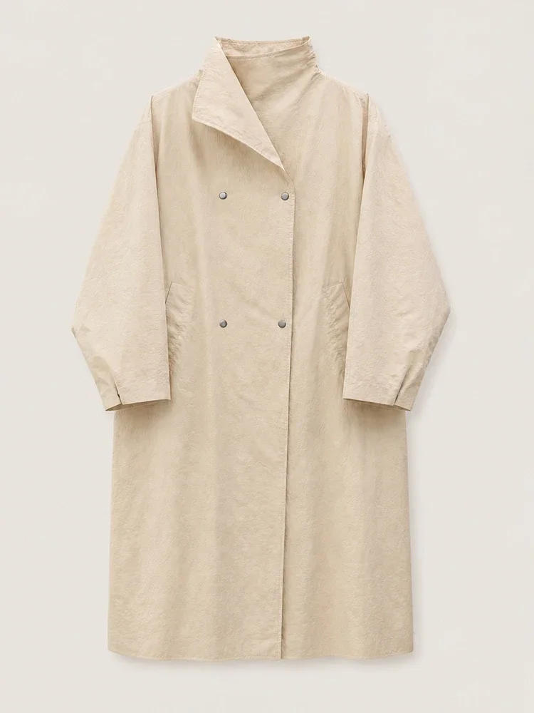 Women Autumn Long Trench Coat Chic Stand Collar Button Batwing Sleeve Oversize Jacket Fashion High Street Windproof Loose Outfit