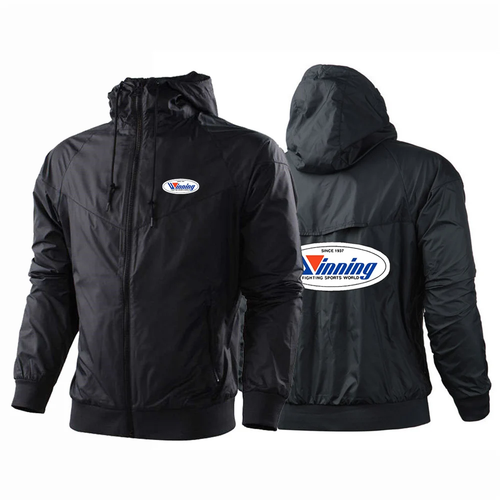 2024 New Men Winning Boxing Printing Spring and Autumn Windproof Hooded Color Matching Windbreaker Fashion Tops