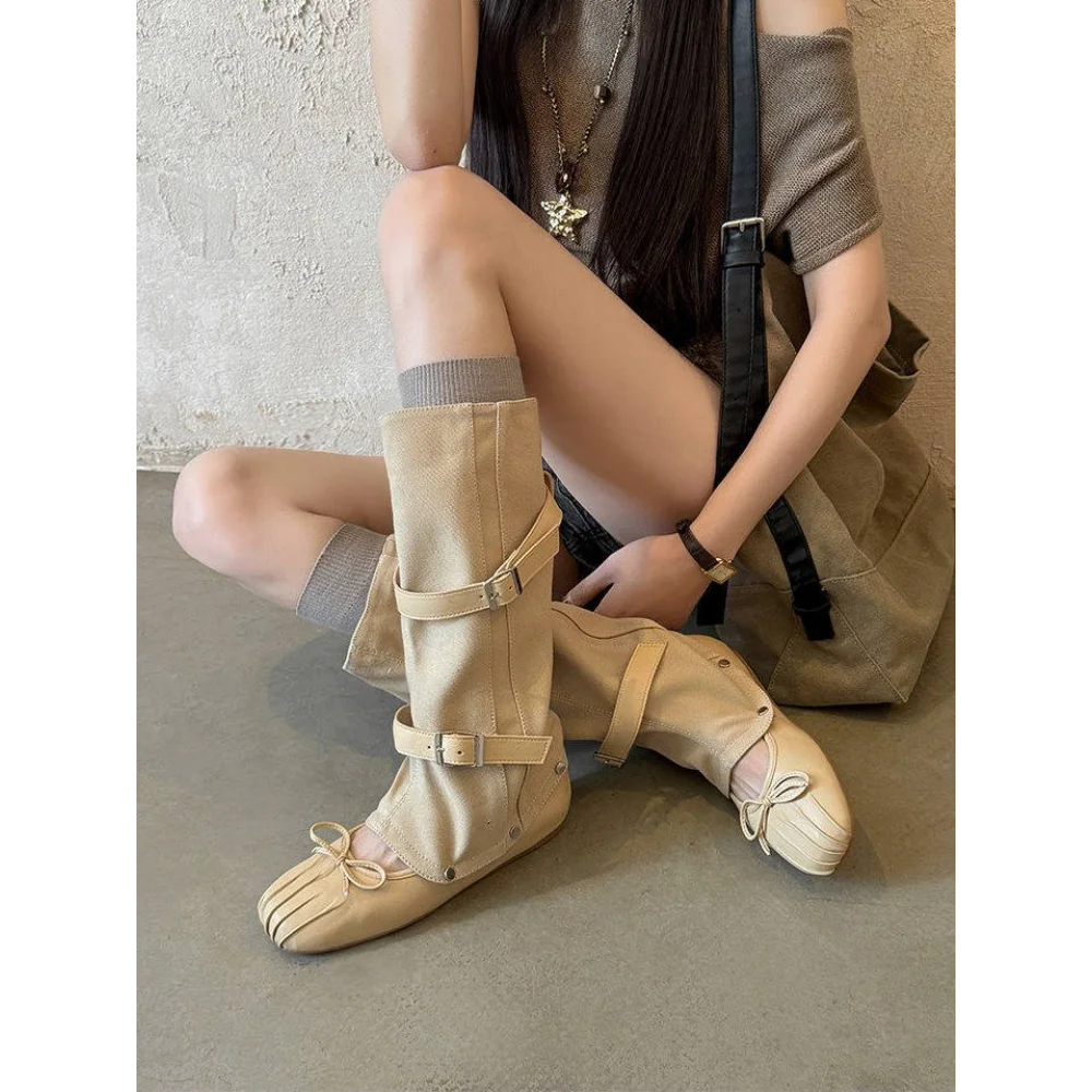 Retro Western Buckle Ankle Boots Suede-like Wedge Heel Foldable Short Boots for Casual Wear