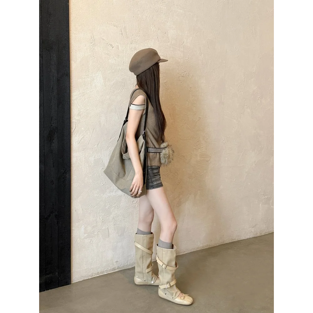 Retro Western Buckle Ankle Boots Suede-like Wedge Heel Foldable Short Boots for Casual Wear