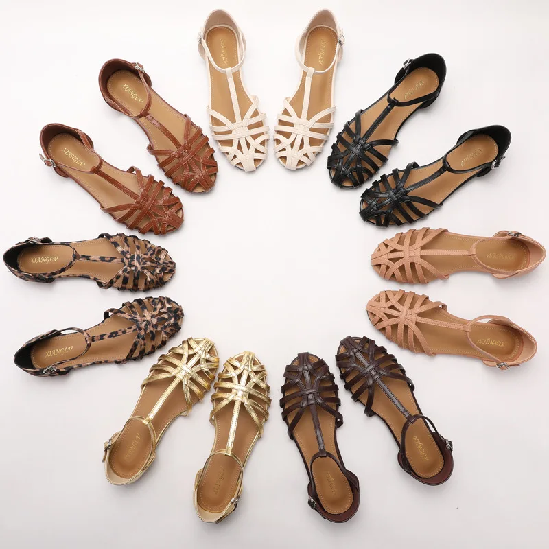 ZAROY Women's Sandals Summer Casual Footwear T-tied Cross Strap Flat Sandals Weave Hollow Roman Sandalia Zapatos сандали