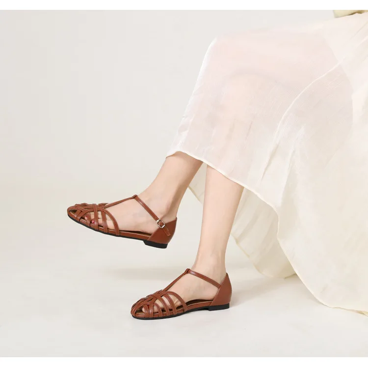 ZAROY Women's Sandals Summer Casual Footwear T-tied Cross Strap Flat Sandals Weave Hollow Roman Sandalia Zapatos сандали