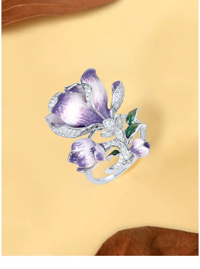 SANTUZZA Pure 925 Sterling Silver Ring For Women Solid Blossom Purple Gradient Enamel Flower White CZ Delicate Gift Fine Jewelry