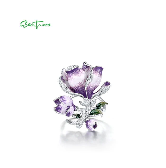 SANTUZZA Pure 925 Sterling Silver Ring For Women Solid Blossom Purple Gradient Enamel Flower White CZ Delicate Gift Fine Jewelry
