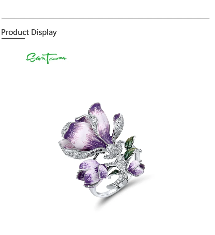 SANTUZZA Pure 925 Sterling Silver Ring For Women Solid Blossom Purple Gradient Enamel Flower White CZ Delicate Gift Fine Jewelry