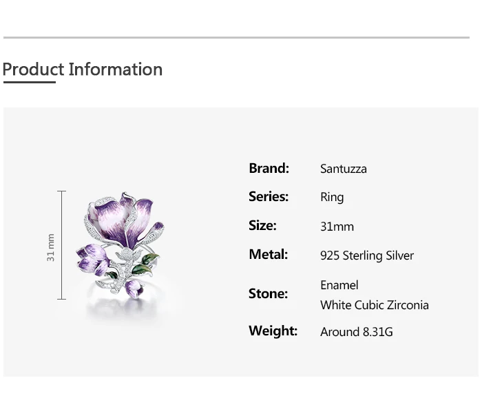 SANTUZZA Pure 925 Sterling Silver Ring For Women Solid Blossom Purple Gradient Enamel Flower White CZ Delicate Gift Fine Jewelry