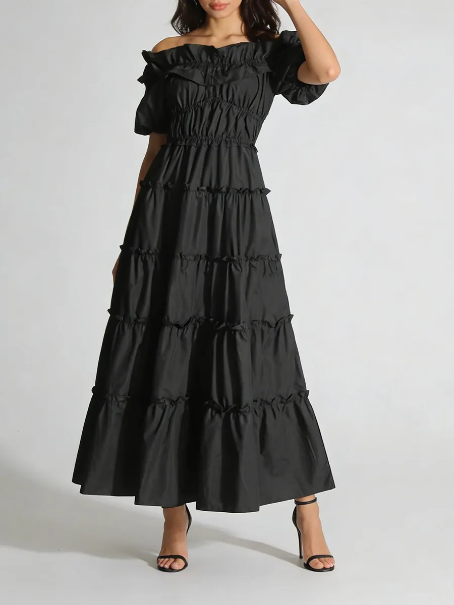 TWOTWINSTYLE Black Spliced Shirring Casual Long Dresses for Women Slash Neck Short Sleeves High Waist Basics Dress Female New