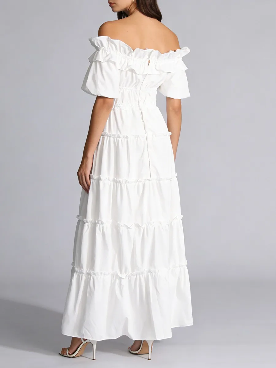 TWOTWINSTYLE Black Spliced Shirring Casual Long Dresses for Women Slash Neck Short Sleeves High Waist Basics Dress Female New