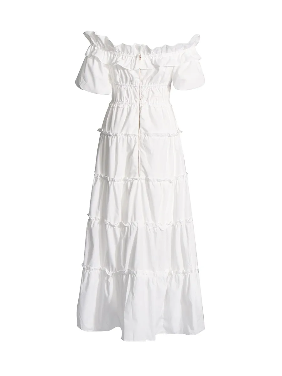 TWOTWINSTYLE Black Spliced Shirring Casual Long Dresses for Women Slash Neck Short Sleeves High Waist Basics Dress Female New