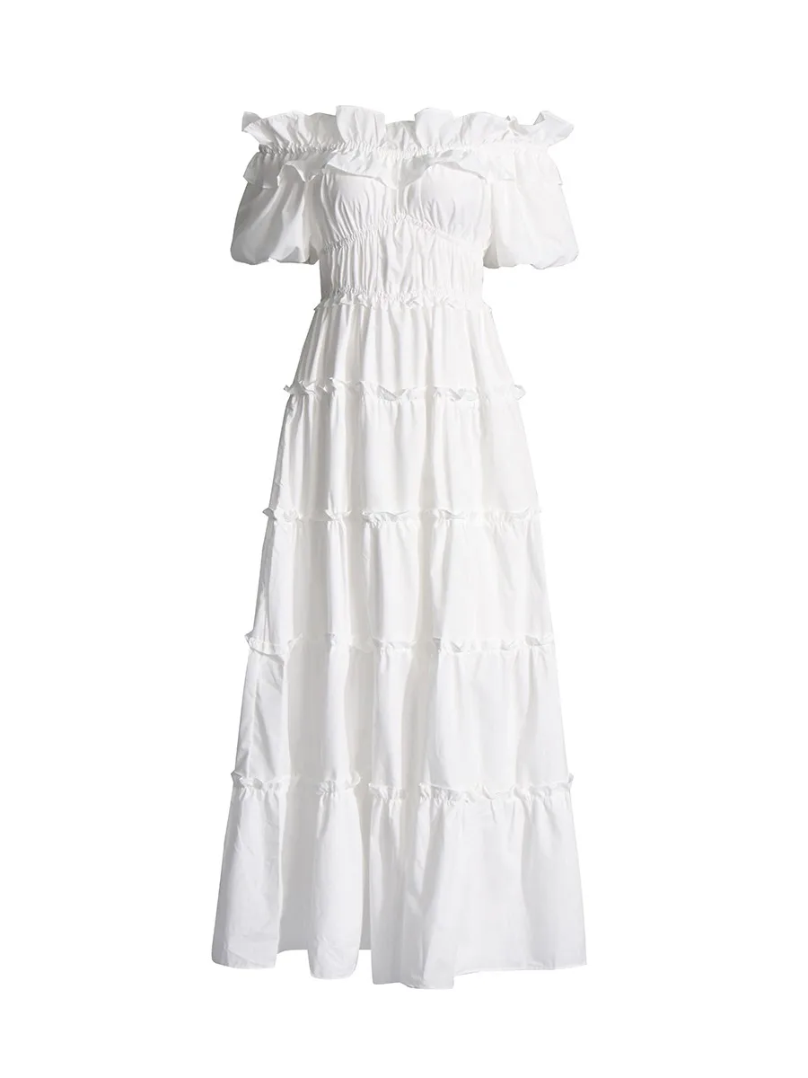 TWOTWINSTYLE Black Spliced Shirring Casual Long Dresses for Women Slash Neck Short Sleeves High Waist Basics Dress Female New
