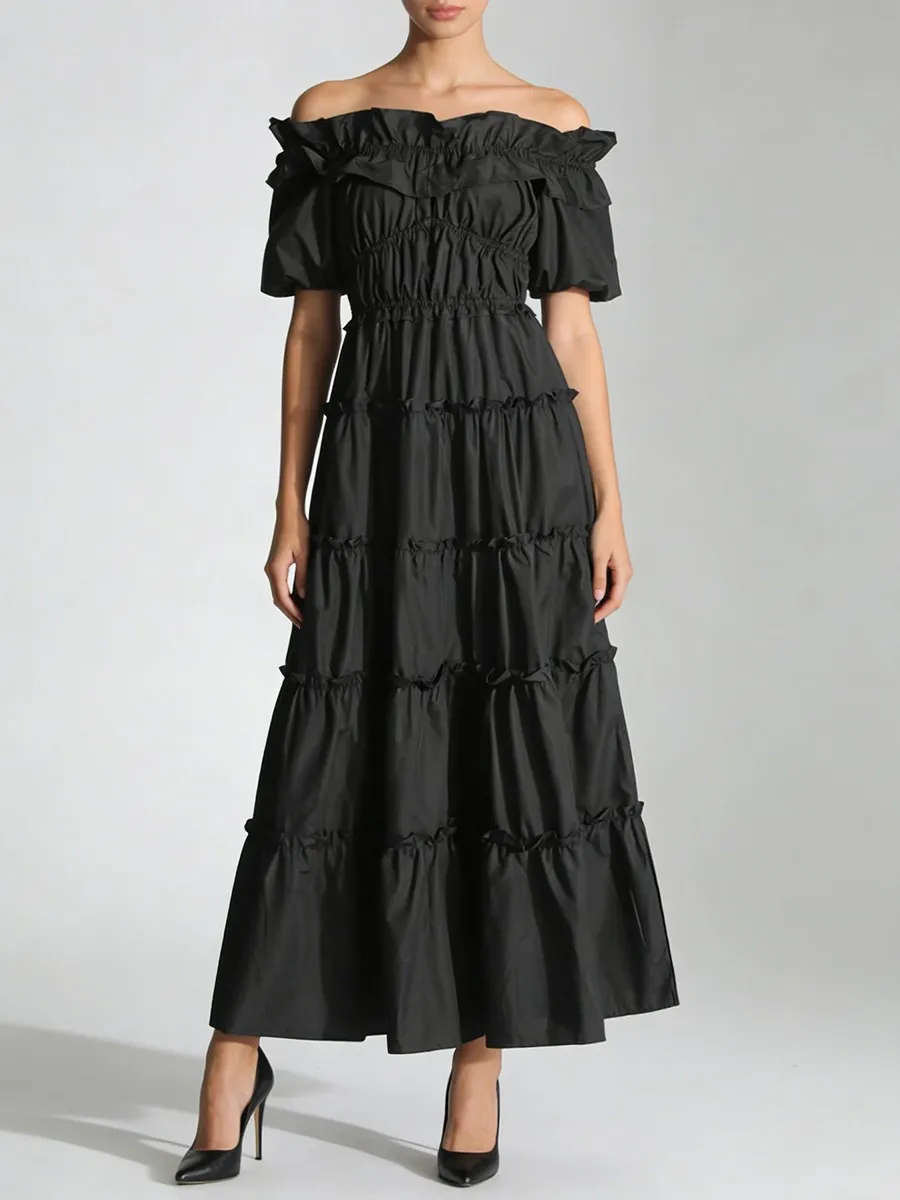 TWOTWINSTYLE Black Spliced Shirring Casual Long Dresses for Women Slash Neck Short Sleeves High Waist Basics Dress Female New