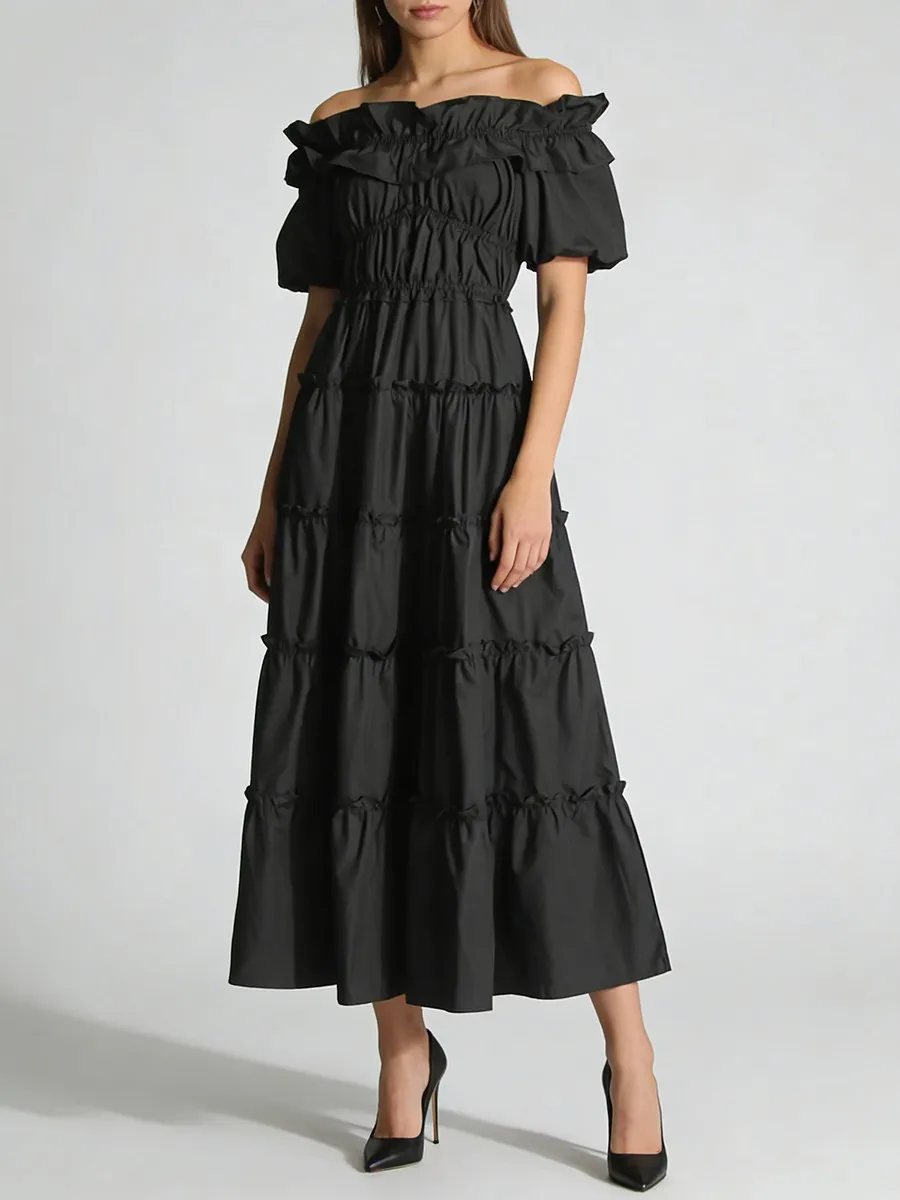 TWOTWINSTYLE Black Spliced Shirring Casual Long Dresses for Women Slash Neck Short Sleeves High Waist Basics Dress Female New