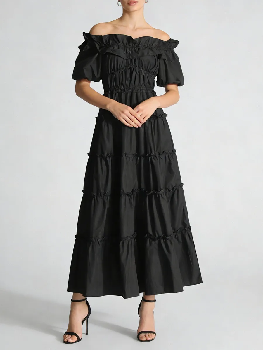 TWOTWINSTYLE Black Spliced Shirring Casual Long Dresses for Women Slash Neck Short Sleeves High Waist Basics Dress Female New