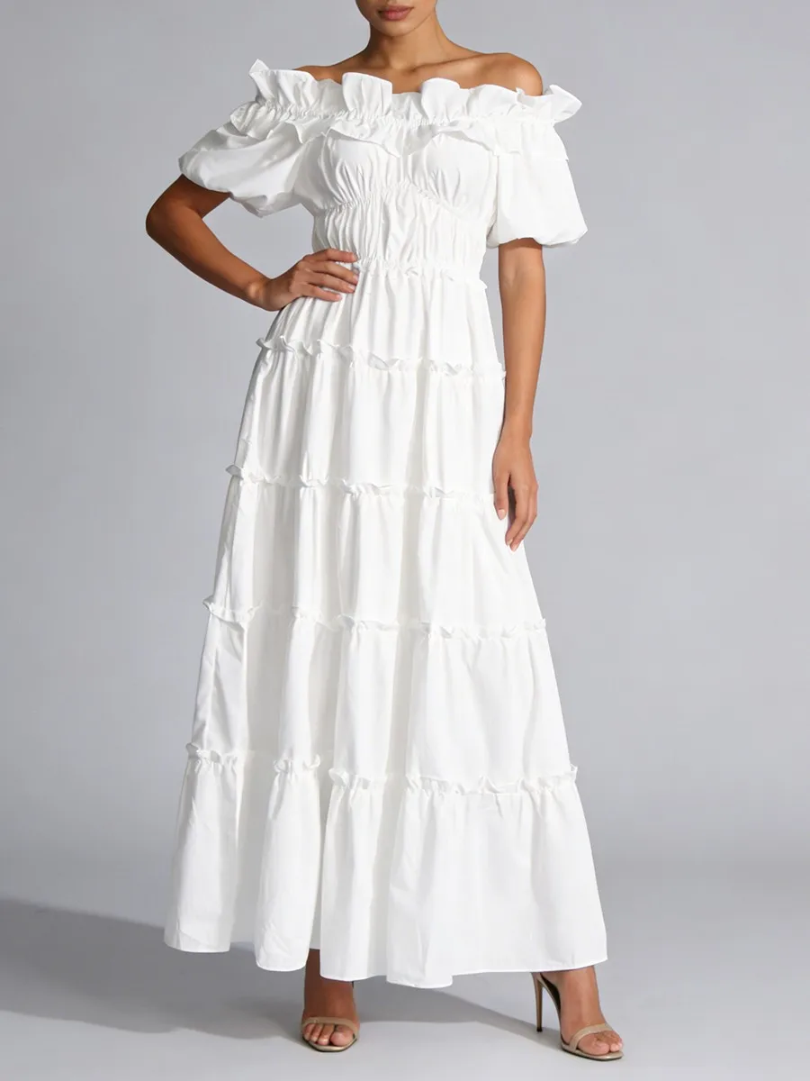 TWOTWINSTYLE Black Spliced Shirring Casual Long Dresses for Women Slash Neck Short Sleeves High Waist Basics Dress Female New