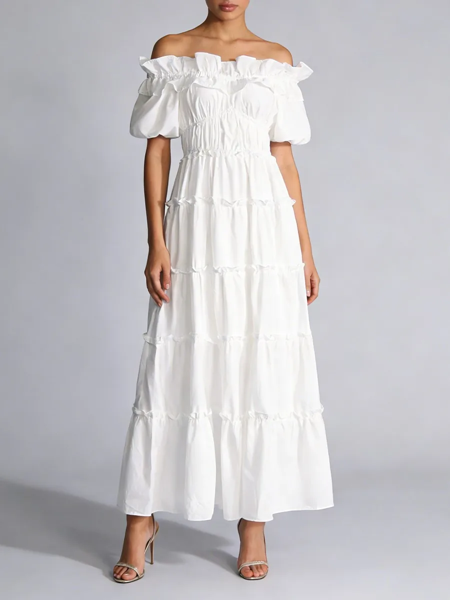 TWOTWINSTYLE Black Spliced Shirring Casual Long Dresses for Women Slash Neck Short Sleeves High Waist Basics Dress Female New