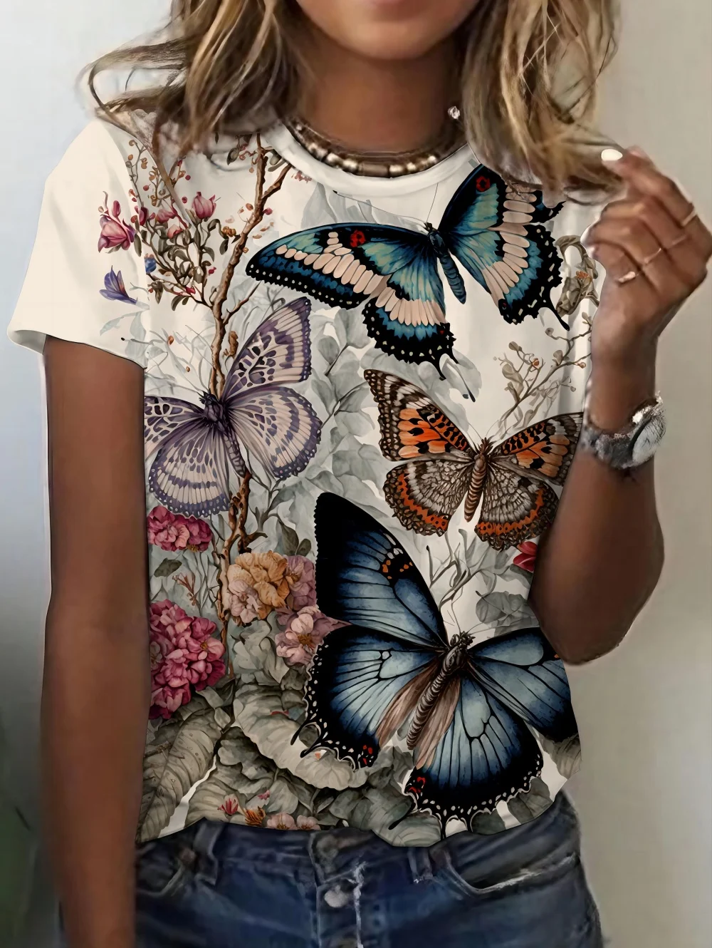 2026 New Summer Women's Round Neck 3D Printed T-Shirt Butterfly Graphics Fashion Short Sleeve Top Streetwear Tees Women Clothing