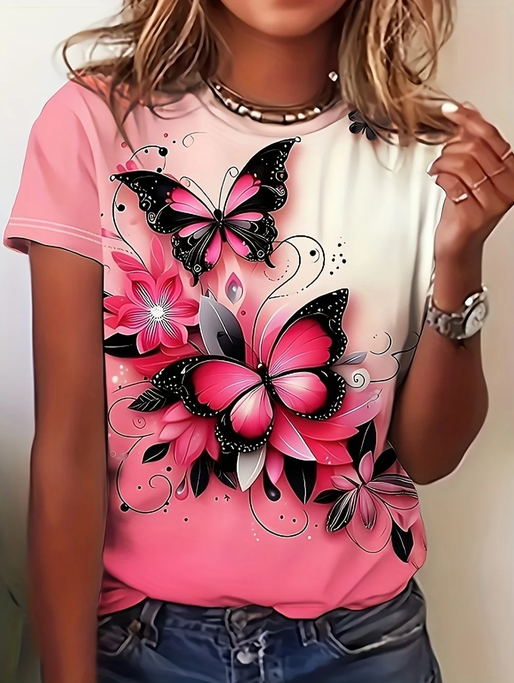 2026 New Summer Women's Round Neck 3D Printed T-Shirt Butterfly Graphics Fashion Short Sleeve Top Streetwear Tees Women Clothing