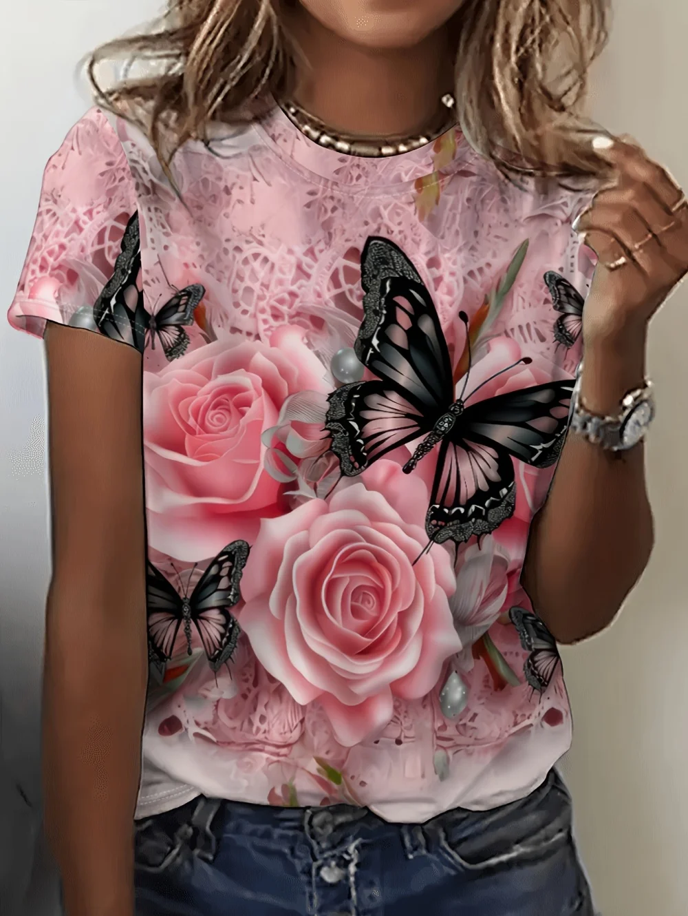 2026 New Summer Women's Round Neck 3D Printed T-Shirt Butterfly Graphics Fashion Short Sleeve Top Streetwear Tees Women Clothing