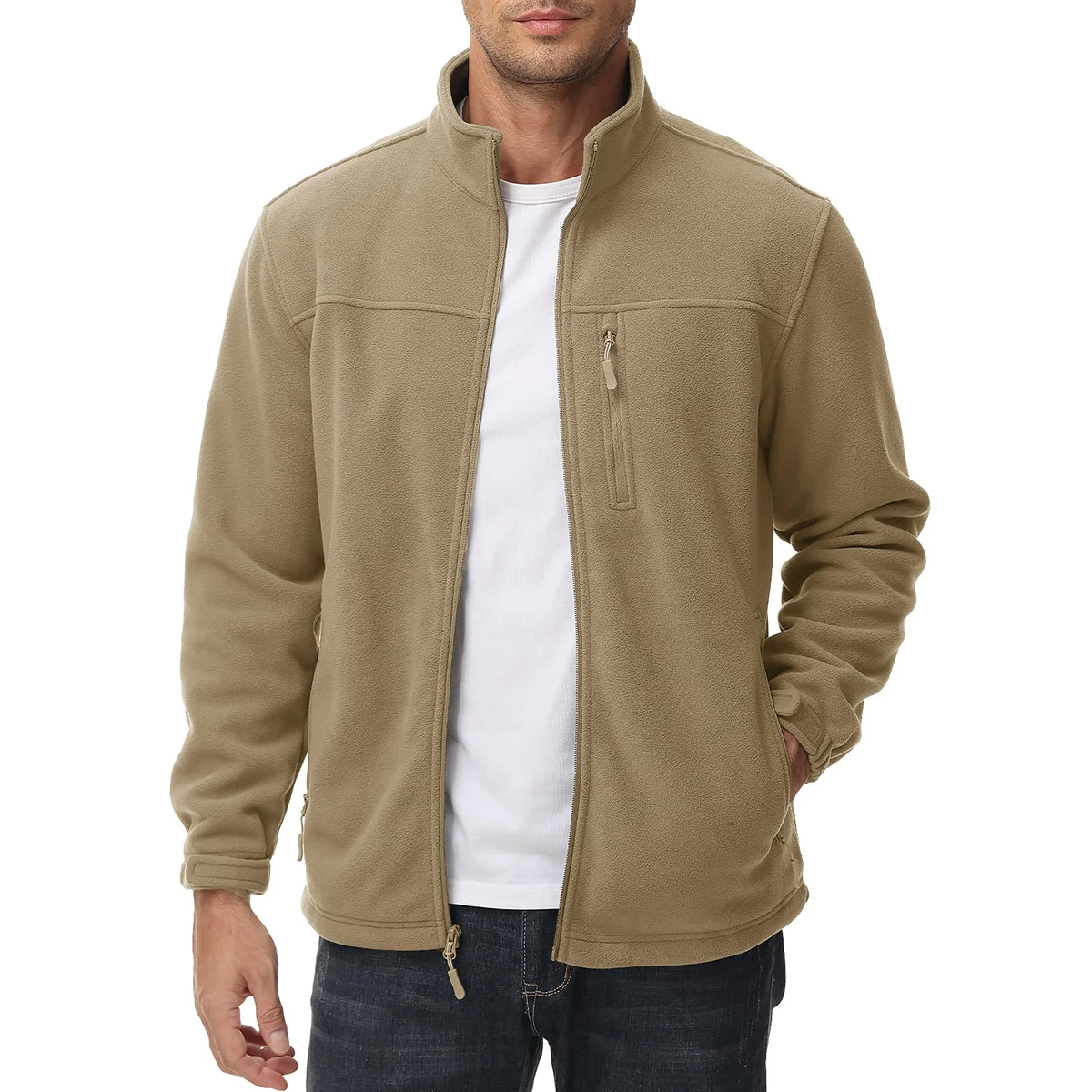 TACVASEN Men's Thermal Warm Fleece Jacket Stand Collar Full Zip Windbreaker Multiple-pockets Outerwear Working Hiking Coat