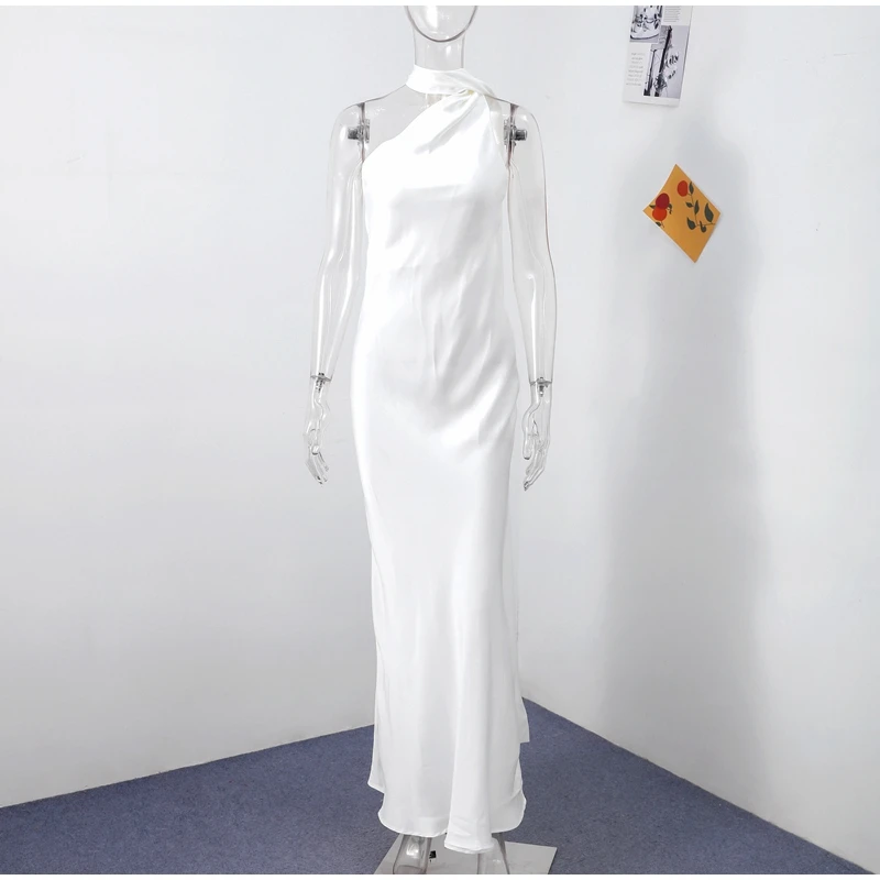 Elegant Ribbon Halter Dress Women Solid Off Shoulder Sleeveless Backless Slim Maxi Dresses 2025 Summer Autumn Party Robes Lady