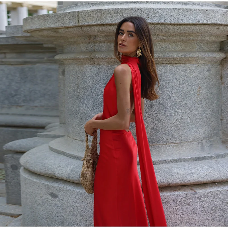 Elegant Ribbon Halter Dress Women Solid Off Shoulder Sleeveless Backless Slim Maxi Dresses 2025 Summer Autumn Party Robes Lady