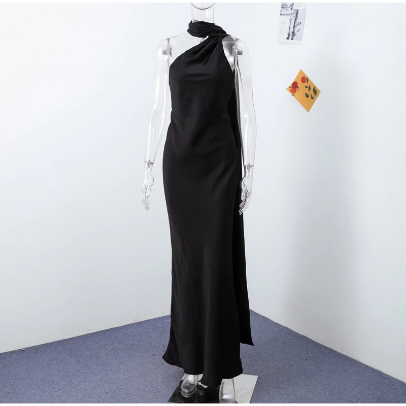 Elegant Ribbon Halter Dress Women Solid Off Shoulder Sleeveless Backless Slim Maxi Dresses 2025 Summer Autumn Party Robes Lady