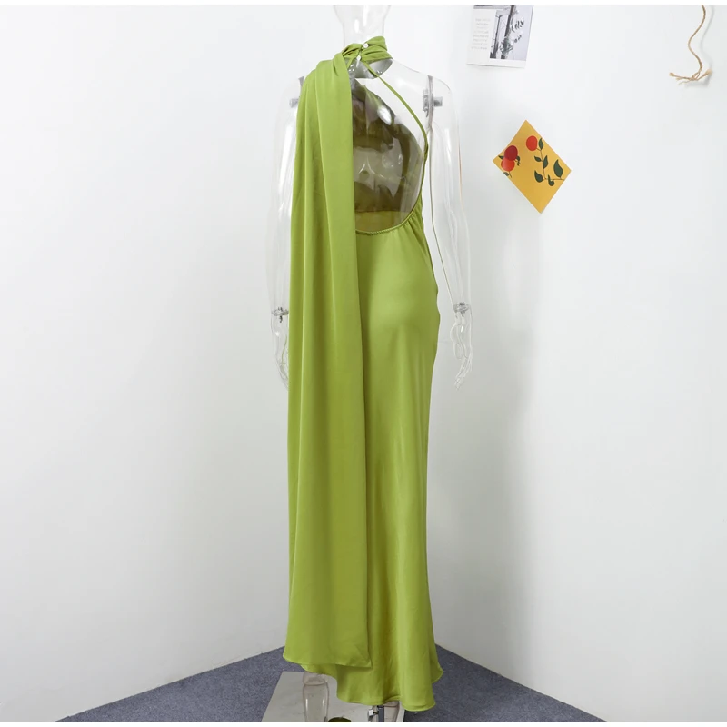 Elegant Ribbon Halter Dress Women Solid Off Shoulder Sleeveless Backless Slim Maxi Dresses 2025 Summer Autumn Party Robes Lady