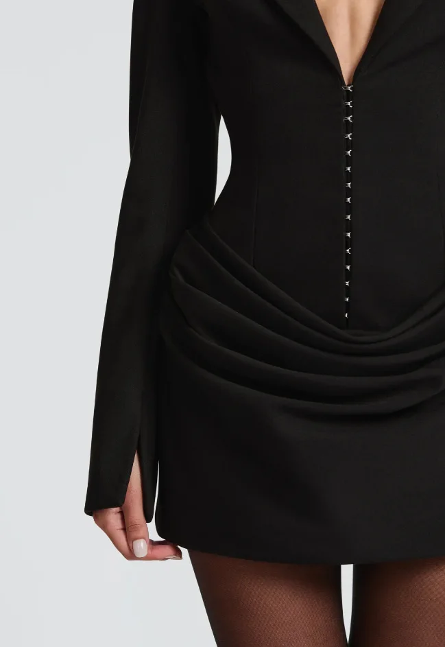 Suninheart Strong Shoulder Blazer Dress for Women Winter Belted Waist Dress Draped Hem Business Evening Dress Party 2025 New